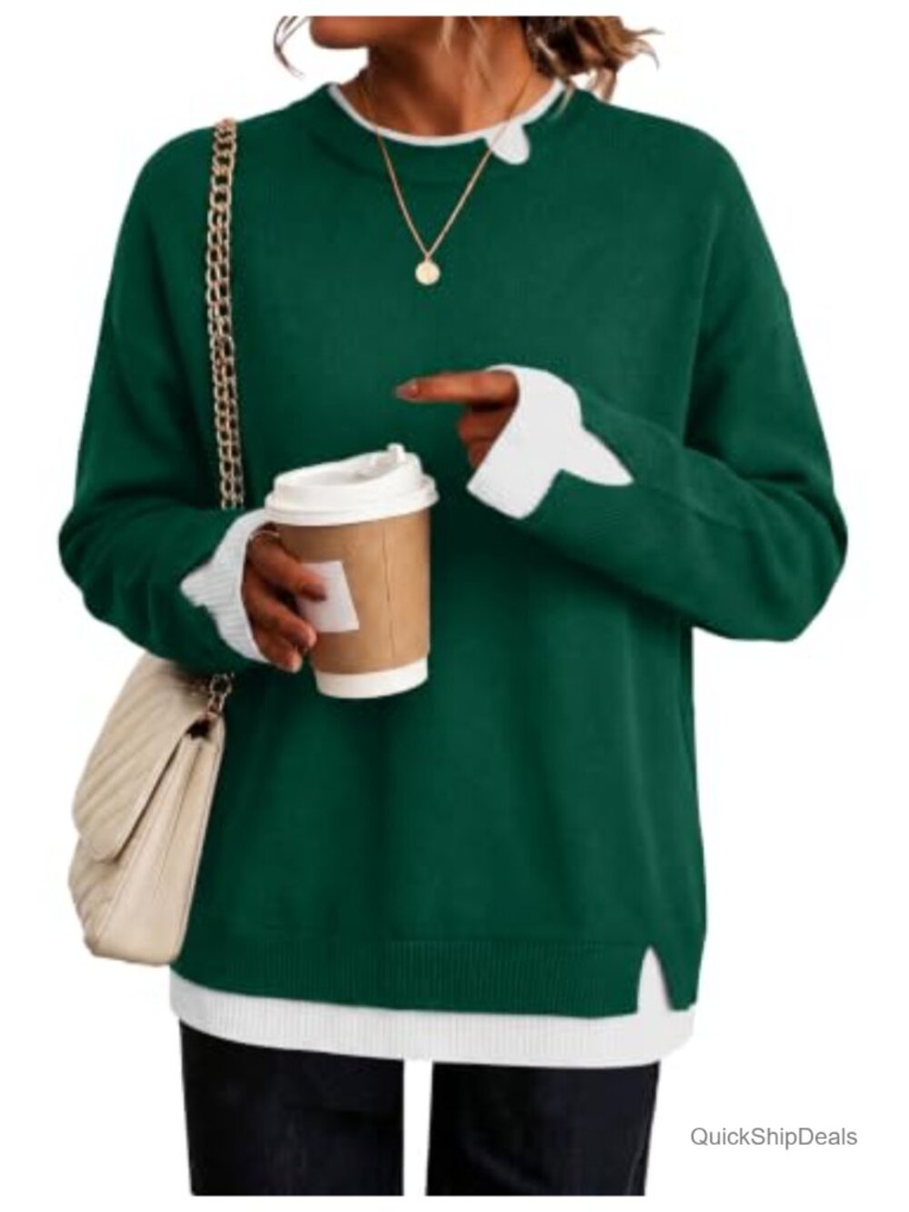 Womens Faux Layered Sweater Long Sleeve Pullover Crew Neck Loose Fit